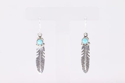 Native America Navajo Sterling Silver Turquoise Feather Dangling Earring's By Sharon McCarthy.