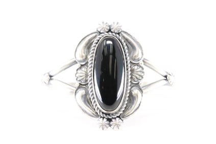 Native America Navajo Sterling Silver Black Onyx Bracelet Cuff By Jeff James Jr.