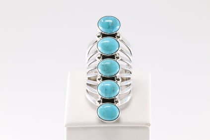 Native America Navajo Sterling Silver Turquoise Ring 5 Stone By Thomas Yazzie.