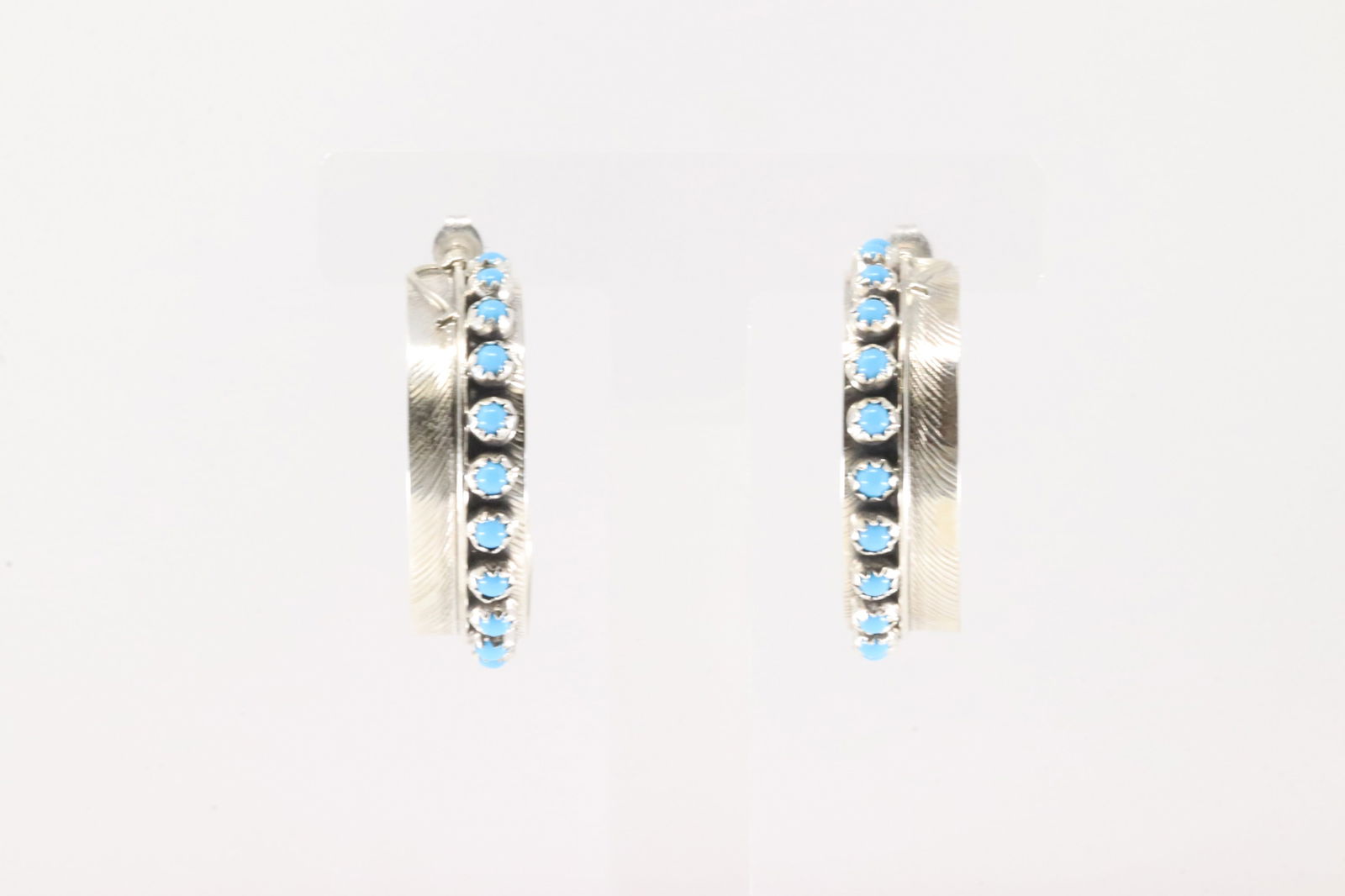 Native America Navajo Sterling Silver Turquoise Feather Hoop Earring's By Chester Charley. (1 of 4)