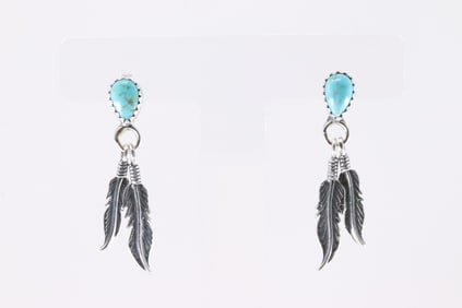 Native American Navajo Sterling Silver Turquoise Feather Post Dangling Earring's By Sharon McCarthy.