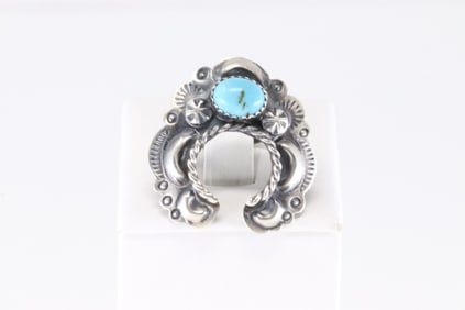 Native American Navajo Sterling Silver Kingman Turquoise Naja Ring By L. Yazzie.
