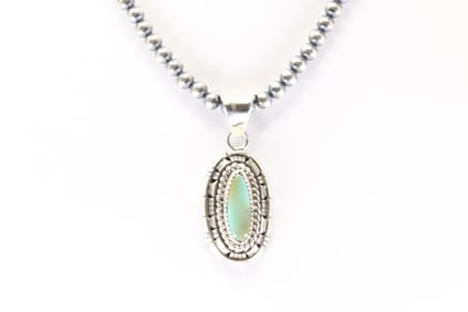 Native America Navajo Sterling Silver Kingman Turquoise Pendant By William Begay. With Pearl Beaded