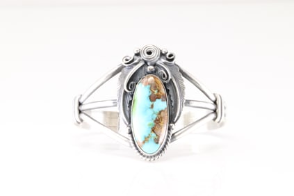 Native America Navajo Sterling Silver Sonora Gold Turquoise Bracelet Cuff By Jimmy Lee.