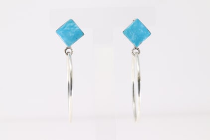 Native American Navajo Sterling Silver Turquoise Hoop Post / Dangling Earring's By R.B.