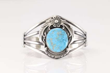Native American Navajo Sterling Silver Kingman Turquoise Bracelet Cuff By Jimmy Lee.