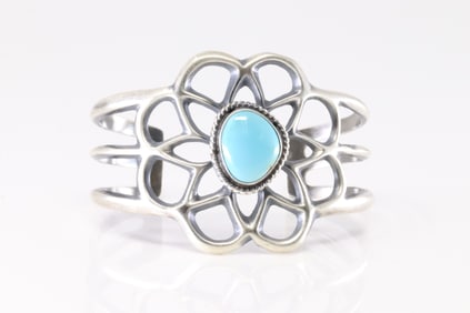 Native America Navajo Sterling Silver Turquoise Flower Design Bracelet Cuff By Eugene Gruber.