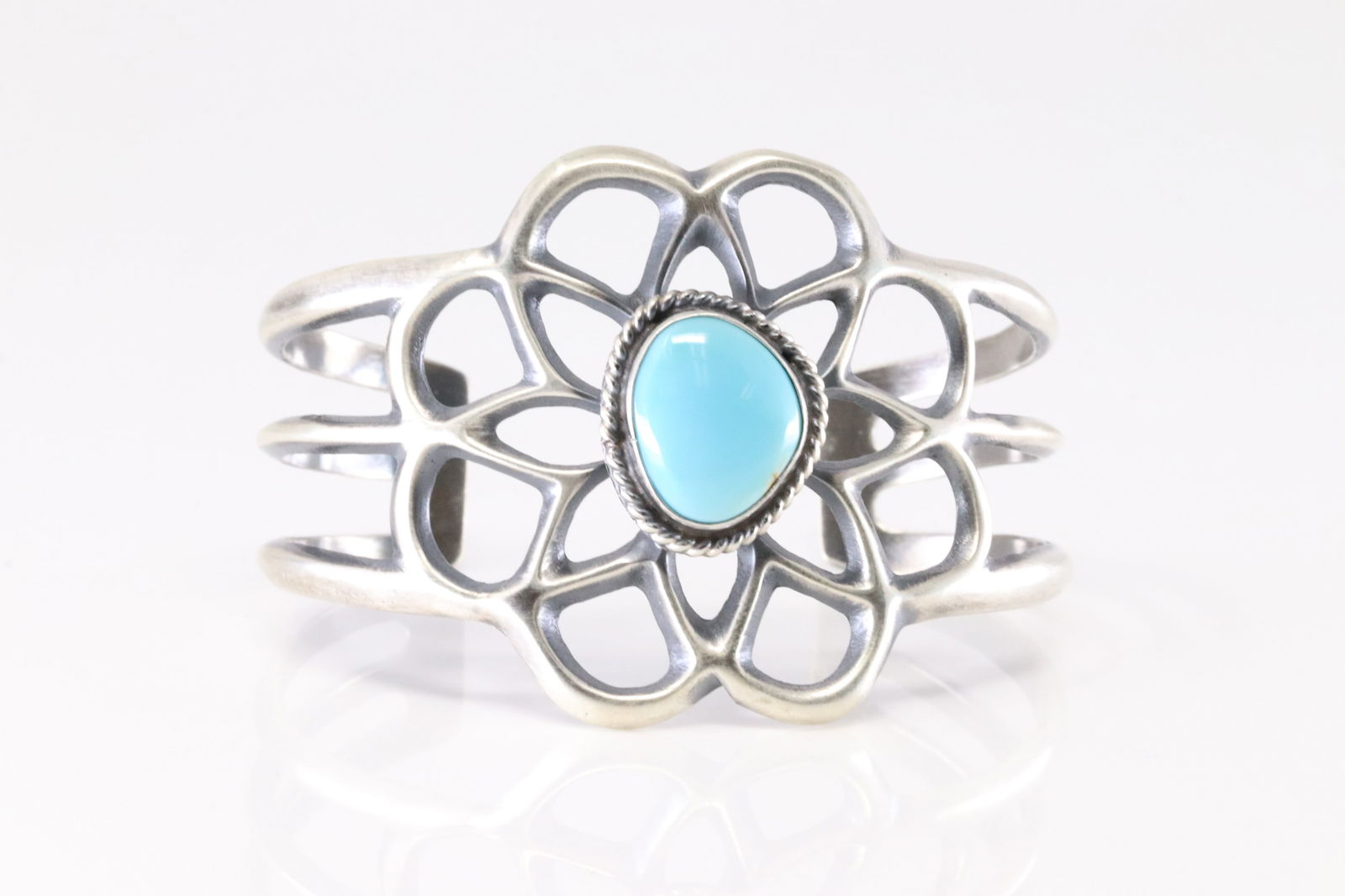 Native America Navajo Sterling Silver Turquoise Flower Design Bracelet Cuff By Eugene Gruber. (1 of 4)