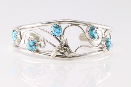 Native America Navajo Sterling Silver Turquoise Bracelet Cuff By C.