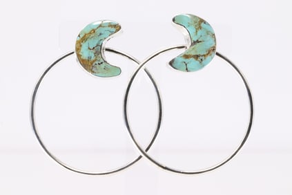 Native America Navajo Sterling Silver Turquoise Moon Post Hoop Earring's By Sheena Jack.