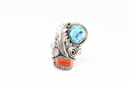 Native America Navajo Sterling Silver Coral & Turquoise Ring By L.Spencer.