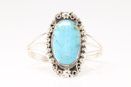 Native America Navajo Sterling Silver Kingman Turquoise Bracelet Cuff By Jennifer Cayaditto.