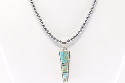 Native America Navajo Sterling Silver Number 8 Turquoise Inlay Pendant By Brandon Etcitty. With