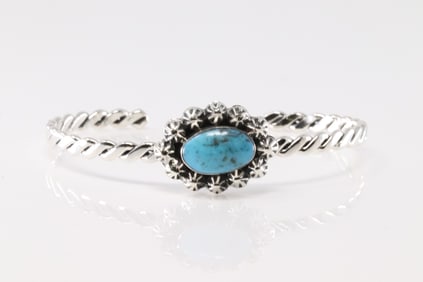 Native American Navajo Sterling Silver Turquoise Bracelet Cuff By Sadie Jim.