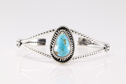 Native American Navajo Sterling Silver Turquoise Bracelet Cuff By Sadie Jim.
