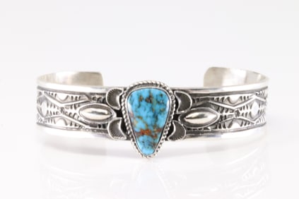 Native America Navajo Sterling Silver Kingman Turquoise Bracelet Cuff By Leonard Maloney.