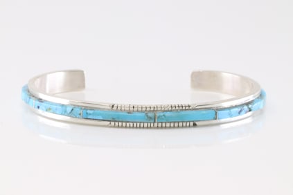 Native America Navajo Sterling Silver Turquoise Inlay Bracelet Cuff By S.F.
