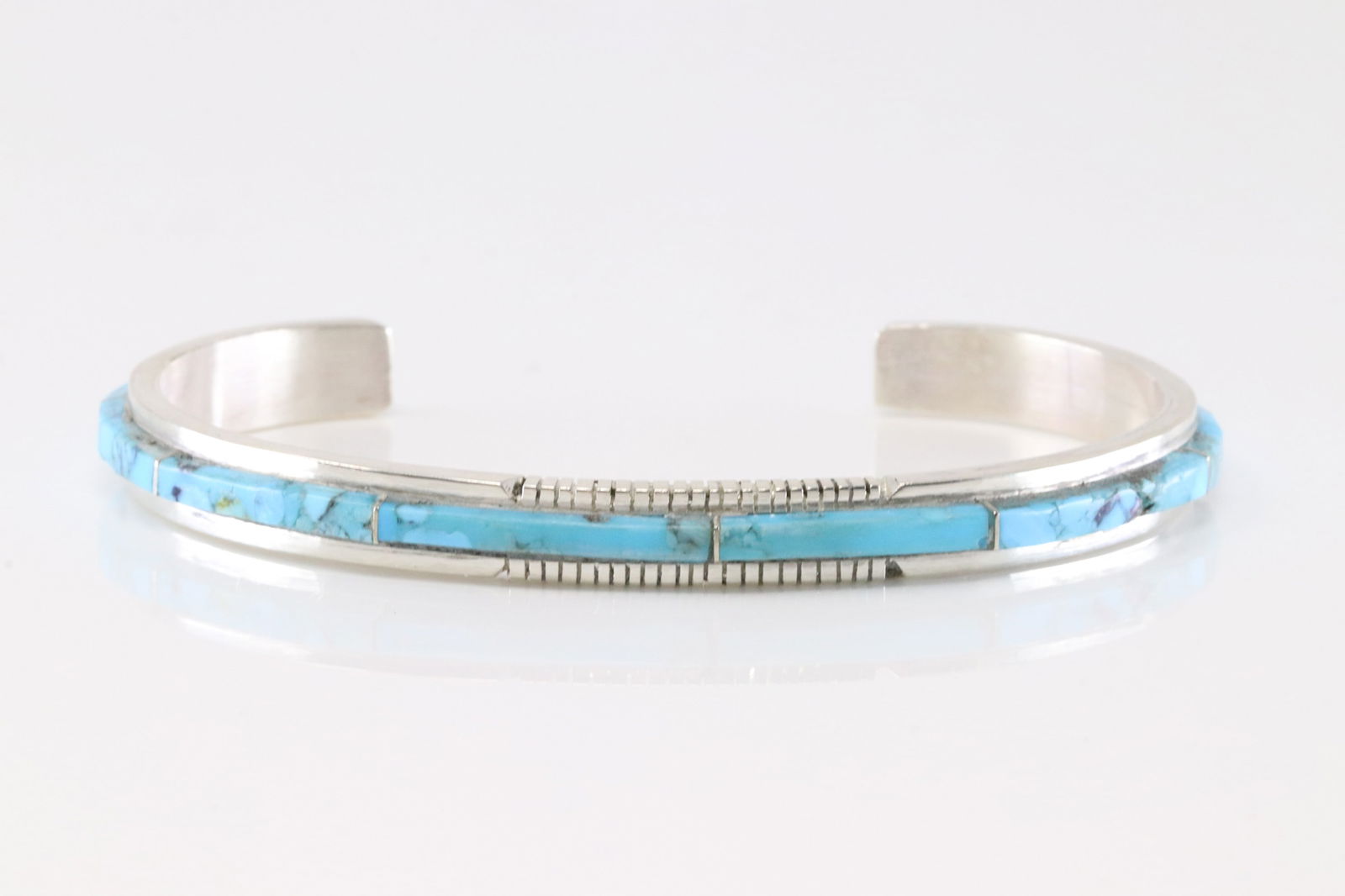 Native America Navajo Sterling Silver Turquoise Inlay Bracelet Cuff By S.F.: This is a Native America Navajo Sterling Silver Turquoise Inlay Bracelet Cuff By S.F.