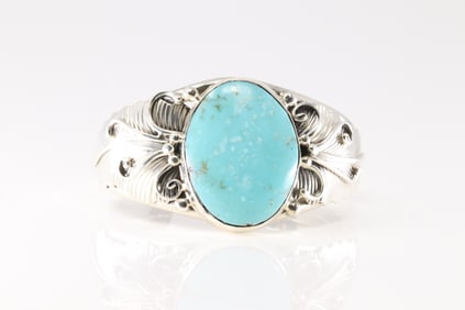 Native America Navajo Sterling Silver Turquoise Bracelet Cuff By Gilbert Smith.