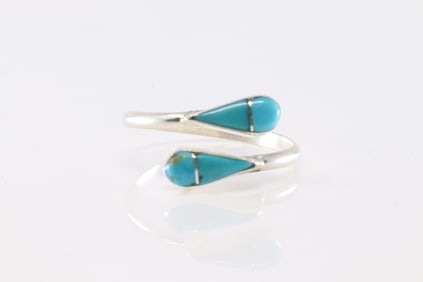 Native America Zuni Sterling Silver Turquoise Inlay Ring By RVN.