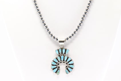 Native America Navajo Sterling Silver Turquoise Necklace By Zeita Begay.