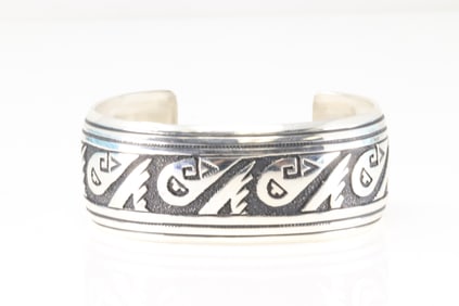 Native America Navajo Sterling Silver Solid Stamped Bracelet Cuff By T&R Singer.