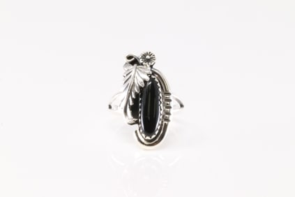Native America Navajo Sterling Silver Black Onyx Ring By Arlene Lewis.