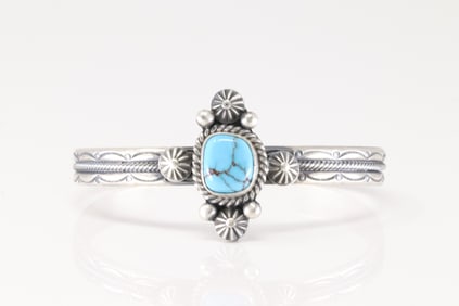 Native America Navajo Sterling Silver Kingman Turquoise Bracelet Cuff By M.C.