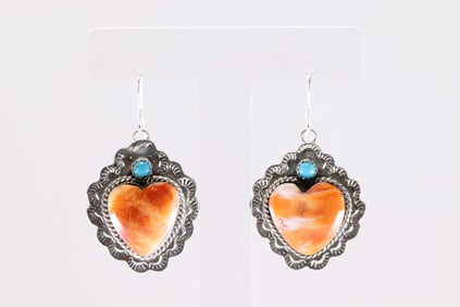 Native America Navajo Sterling Silver Spiny Oyster & Turquoise Heart Dangling Earring's By Suzanna