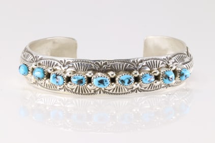 Native America Navajo Sterling Silver Turquoise Bracelet Cuff By G.S.