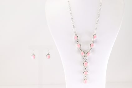 Native America Navajo Sterling Silver Pink Coch Shell Necklace & Earring's Set By S.H.
