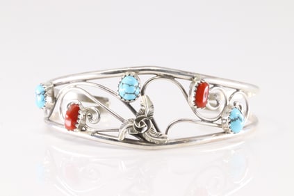 Native America Navajo Sterling Silver Coral & Kingman Turquoise Bracelet cuff By Max Calladitto.