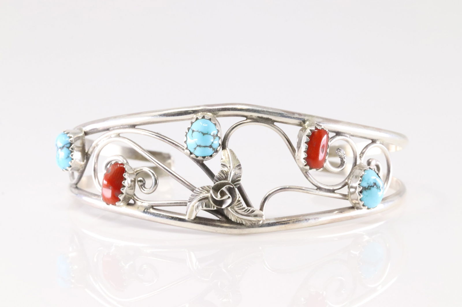 Native America Navajo Sterling Silver Coral & Kingman Turquoise Bracelet cuff By Max Calladitto. (1 of 4)