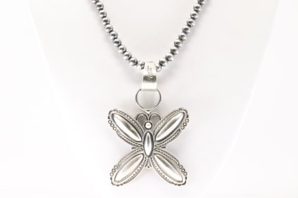 Native America Navajo Sterling Silver Butterfly Necklace By Roland Dixson.