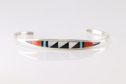 Native America Zuni Sterling Silver Multi-Color Stone Bracelet Cuff By Cena W.