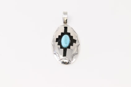 Native America Navajo Sterling Silver Turquoise Pendant By Felix Perry.