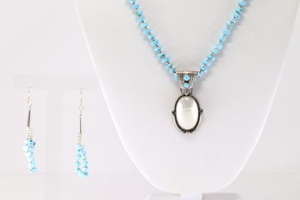 Native America Navajo Sterling Silver Turquoise Necklace & Earring's Set By W.A.