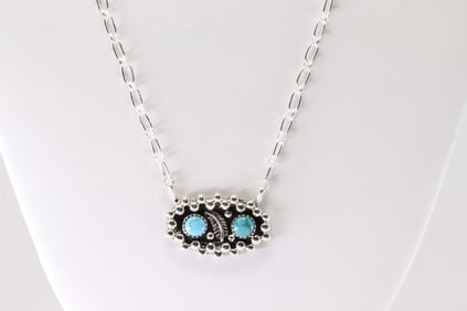 Native America Navajo Sterling Silver Turquoise Necklace By Suzanna Johnson.