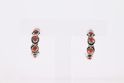 Native America Zuni Sterling Silver Coral Post Hoop Earring's By Florenda Lonasee.