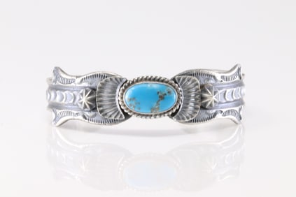Native America Navajo Sterling Silver Kingman Turquoise Bracelet Cuff By Billah.