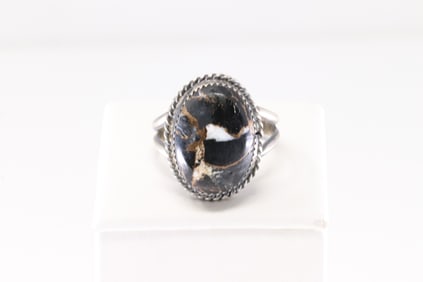 Native America Navajo Sterling Silver Compressed Stone Black Ring.