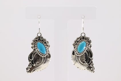 Native America Navajo Sterling Silver Turquoise Leaf Dangling Earring's By Annete Martinez.
