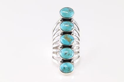 Native America Navajo Sterling Silver Turquoise Ring By 5 Stone By Thomas Yazzie.
