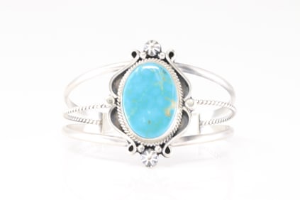 Native America Navajo Sterling Silver Kingman Turquoise Bracelet Cuff By Annie McCran.