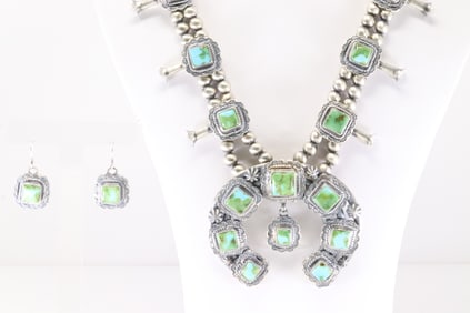 Native American Navajo Sterling Silver Sonora Gold Turquoise Squash Blossom Necklace & Earring's Set