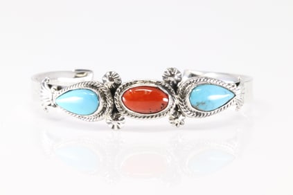 Native American Navajo Sterling Silver Coral & Tuquoise Bracelet Cuff By Bobby Platero.