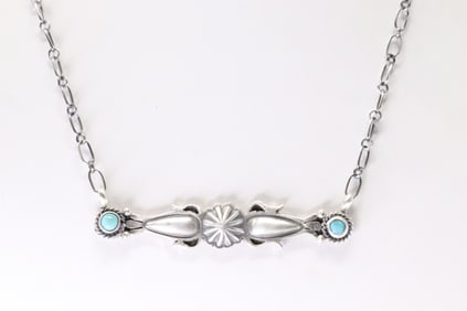 Native American Navajo Sterling Silver Turquoise Necklace By Marita Benally.