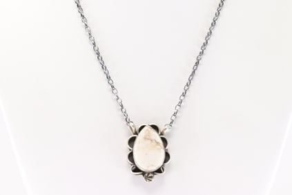 Native America Navajo Sterling Silver White Buffalo Necklace By Virginia Hinio.