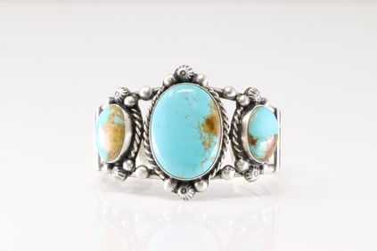 Native America Navajo Sterling Silver Kingman Turquoise Bracelet Cuff By Augustine Largo.