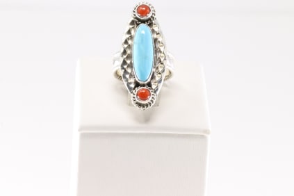 Native America Navajo Sterling Silver Coral & Turquoise Ring By Leroy Silversmith.
